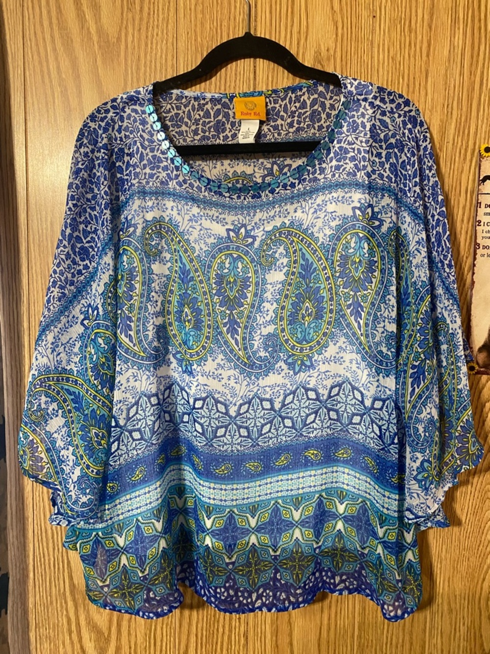 Ruby Rd. Women’s Sheer Blue Paisley Blouse with White Tank Size Large